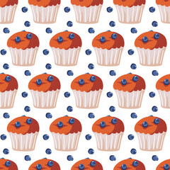 Seamless cupcake pattern with blueberry vector illustration. Sweet food. Confectionery, bakery cafe, restaurant menu. Berry muffin cupcake. Repeated print for wallpaper, wrapping, packing, textile