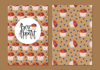 Seamless cupcake pattern set. Bon Appetit sign vector illustrations. Positive inspirational phrase in French enjoy your meal. Berry muffin cupcake. Repeated print for wallpaper, wrapping, packing.