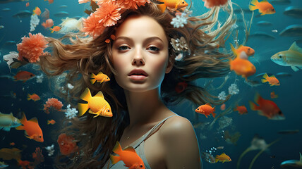Beautiful young woman with fish in the water