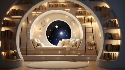 Celestial-themed reading nook with levitating bookshelves, interactive e-readers, and cosmic-inspired decor, providing a space age retreat for book lovers - obrazy, fototapety, plakaty