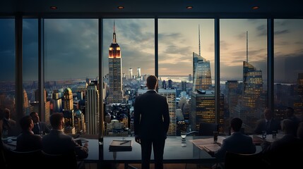 CEO in a modern office, confidently addressing a team with a cityscape visible through the window