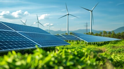 Solar panels and wind turbines generating renewable energy for green and sustainable future.  