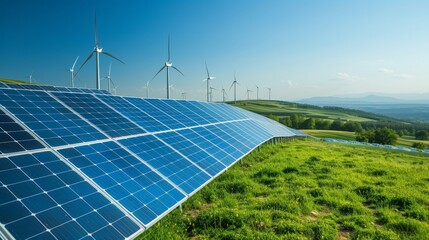 Solar panels and wind turbines generating renewable energy for green and sustainable future 