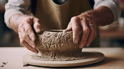 Ceramicist's hands molding clay into a unique vessel, capturing the tactile nature of pottery - obrazy, fototapety, plakaty