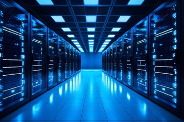 Visually appealing data server center with server racks emitting blue light. Modern server data center. Generative AI