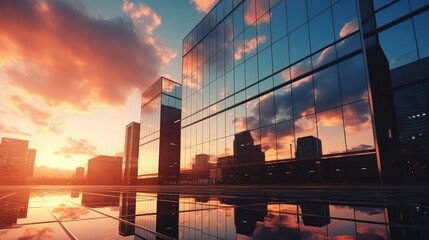 Modern office building or business center. High-rise window buildings made of glass reflect the clouds and the sunlight. empty street outside  wall modernity civilization. growing up business