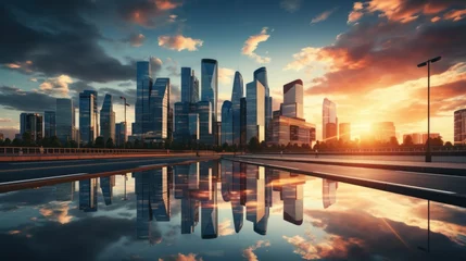 Fotobehang Modern office building or business center. High-rise window buildings made of glass reflect the clouds and the sunlight. empty street outside  wall modernity civilization. growing up business © pinkrabbit