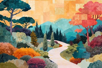 Stylized Botanical Garden Path Collage

