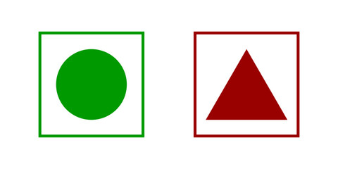 Vegetarian and non-vegetarian symbols. Green dot and red triangle in squares isolated on white background. Vegan and non vegan food labels. Vector flat illustration.