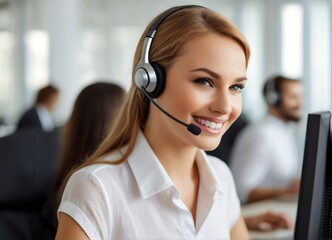 A woman Call center employee working in team office with headset, computer, online customer support from Generative AI