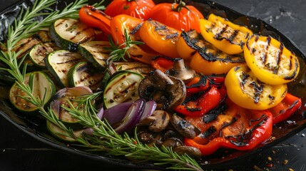 grilled vegetables, including bell peppers, zucchini, and mushrooms, each showcasing charred edges and a smoky aroma