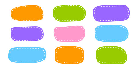 Hand drawn rectangle shapes with dashed stitches. Cute organic rectangular forms. Empty colorful tags, text boxes, stickers, labels, messages, speech bubbles templates. Vector flat illustration