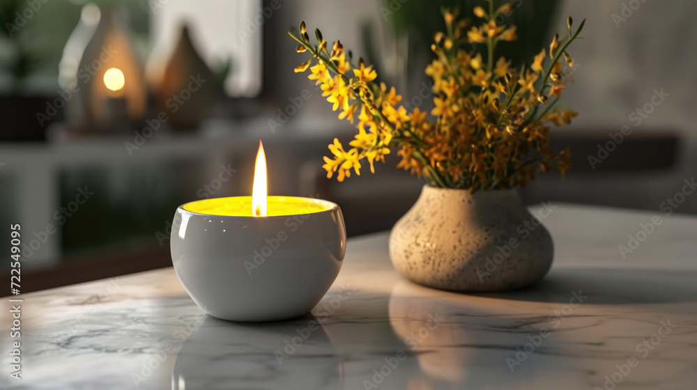 Poster lit candle sits on top of table next to vase. this image can be used to create cozy and romantic atm