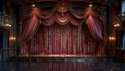 a theater with red curtains and gold trim
