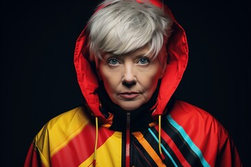 Portrait of a senior woman in a raincoat on a dark background.