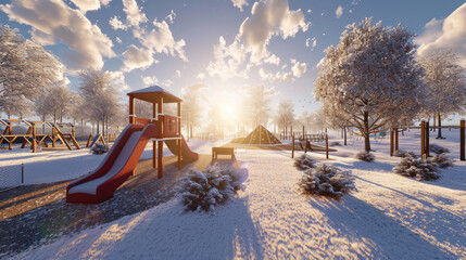Snowy playground with slide. Perfect for winter-themed projects or illustrating outdoor play