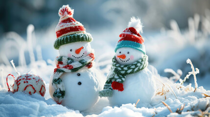 Two snowmen sitting side by side in snowy landscape. This image can be used to depict winter, friendship, or holiday season themes