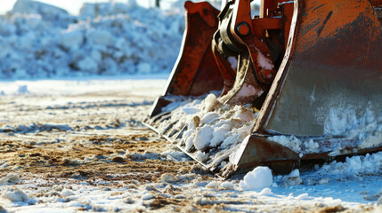 Close up of snow plow in snow. Can be used to depict winter weather conditions or snow removal