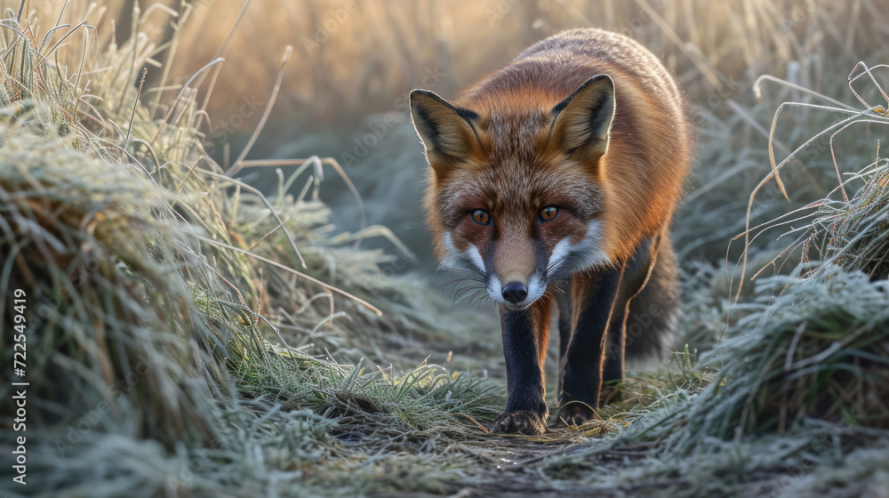 Poster red fox is captured in this image as it confidently walks through field of tall grass. this versatil