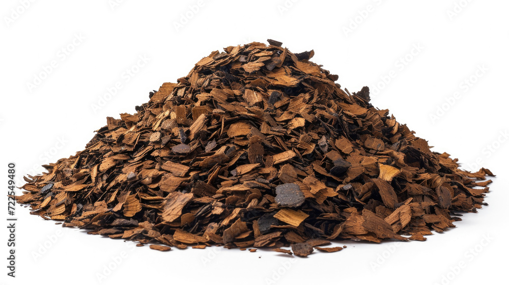 Poster pile of wood chips on white surface. can be used for background or texture in various design project
