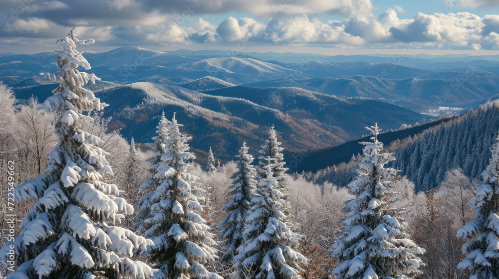 Poster beautiful view of snowy mountain range with trees in foreground. perfect for nature enthusiasts and 