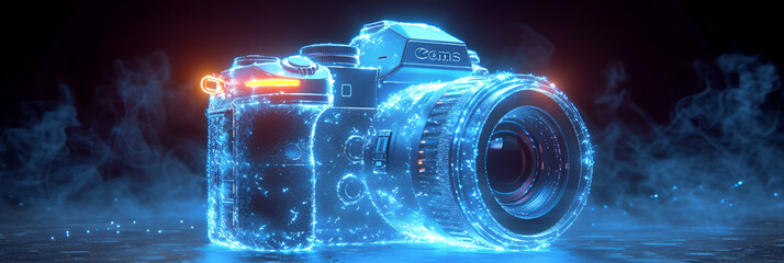 A neon illustration of a cyan camera. Created with generative AI.