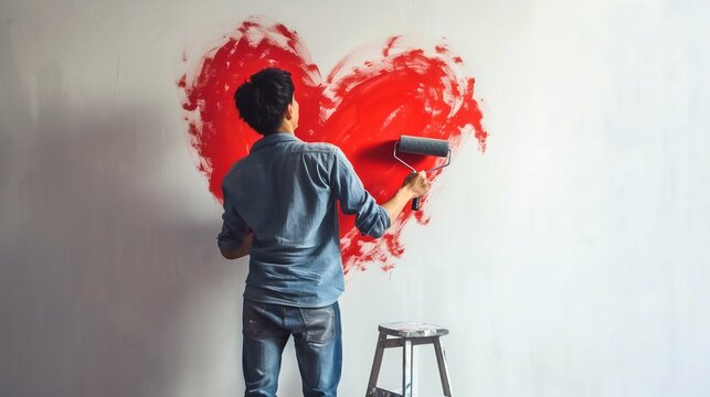Artist Painting a Heart on Wall with Red Paint Roller. Generative ai