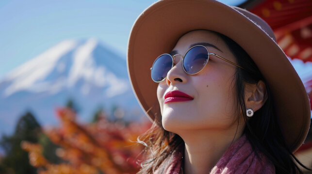Woman wearing hat and sunglasses gazes up at majestic mountain. This image captures awesomeness and wonder of nature. Perfect for travel and adventure themes