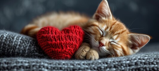 A small red kitten sleeps with a red knitted heart on a dark gray background - obrazy, fototapety, plakaty