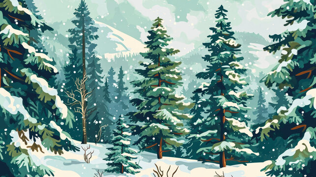 Beautiful painting depicting snowy forest with tall pine trees. This artwork captures serene and peaceful atmosphere of winter landscape