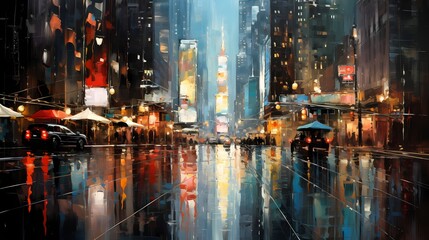 City lights reflected on rain-drenched streets, creating abstract cityscape art