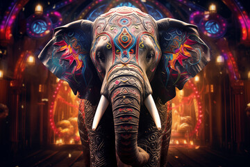 Majestic Elephant with Ornate Body Art in Grand Hall