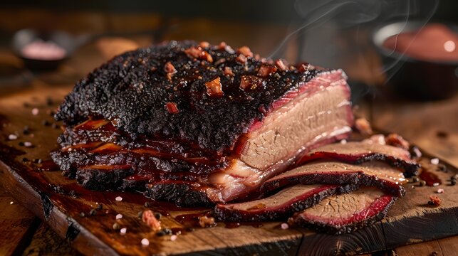 smoked beef brisket adorned with a caramelized crust and tender pink smoke ring