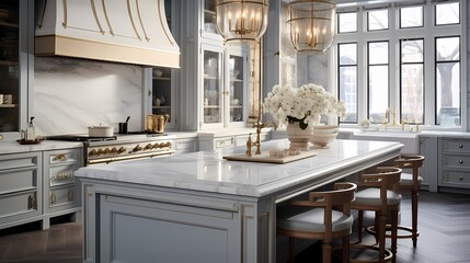 Classic kitchen with marble countertops, brass fixtures, and a seamless blend of functionality and style