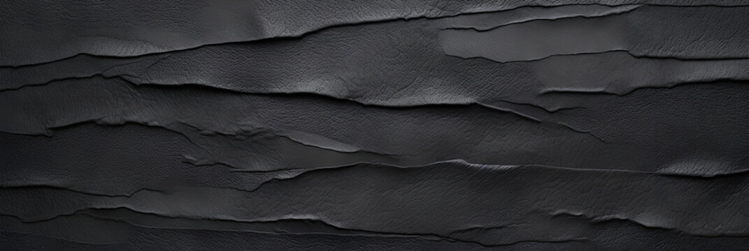 Panoramic craft black paper texture background banner copy space wallpaper ad design abstract dark gray surface close-up backdrop