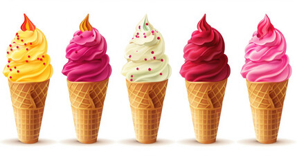 Row of ice cream cones showcasing different flavors. Perfect for food and dessert-themed designs