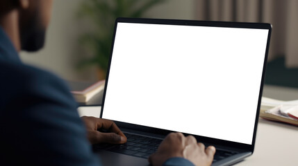 Man sitting at desk using laptop computer. Suitable for technology-related projects or office-themed designs