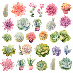 Cute watercolor succulent set on white background. Different kinds of succulents echeveria, cacti in gentle pastel colors.