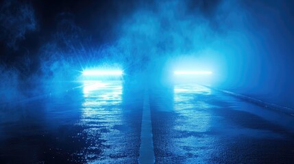 Fototapeta premium Dark empty scene, blue neon searchlight light, wet asphalt, smoke, night view, rays.