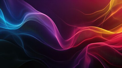 Fototapeta premium Dark grainy color gradient wave background, purple red yellow blue green colors banner poster cover abstract design, black copy space