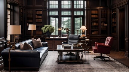 Classic study room adorned with dark wood paneling, leather furniture, and brass accents