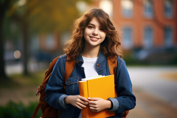 Fototapeta premium Girl holding backpack and book. Perfect for educational and travel concepts