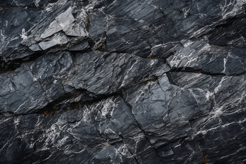 Dark stone black-white granite texture. Close-up rock surface for banner ad design. Grunge abstract background with copy space