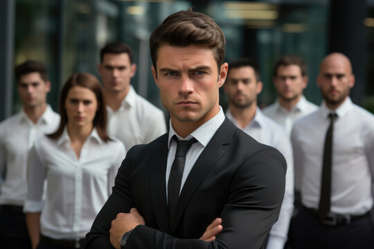 Professional man dressed in suit stands confidently in front of group of people. This image can be used to depict leadership, teamwork, or business presentations
