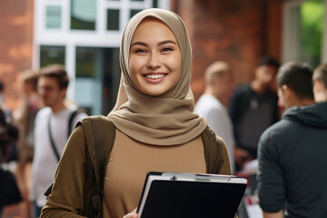 Woman wearing hijab is seen holding folder. This image can be used to represent professionalism, organization, or education - obrazy, fototapety, plakaty
