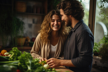 Obraz premium Man and woman are seen standing in front of table filled with variety of fresh vegetables. This image can be used to depict healthy eating, cooking, grocery shopping, or sustainable farming