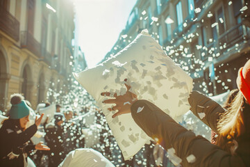 Excited people in the streets, pillow fight, lifestyle concept, April, generative ai