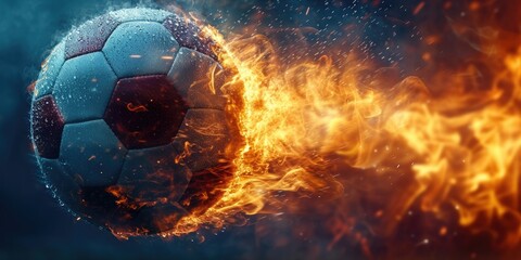 Football with fire aura. champion tournament banner. Generative AI - obrazy, fototapety, plakaty