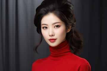 Fototapeta premium Woman wearing red turtle neck top poses for picture. This versatile image can be used in various contexts