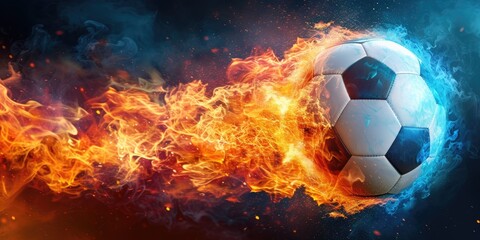 Football with fire aura. champion tournament banner. Generative AI